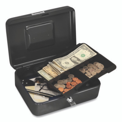 Cash Management Box, 4 Compartments, Key Lock, 7.9" x 6.5" x 3.5", Black