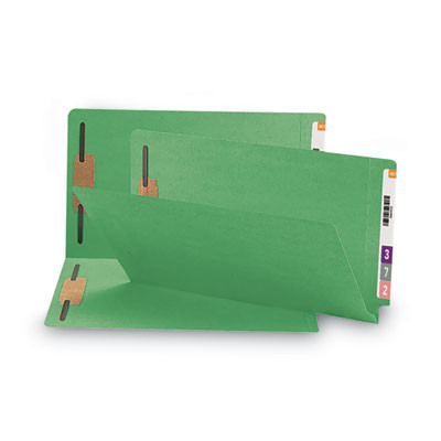 Heavyweight Colored End Tab Fastener Folders, Straight Tab, Expands 0.75", 2 Fasteners, Legal Size, Green, 50/Box