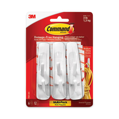 Medium Utility Hooks, Plastic, White, Supports 3 Lb, 6/Pack