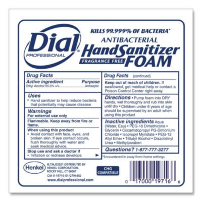 Antibacterial Foaming Hand Sanitizer Refill For Dial 1700 Dispenser, 1.2 L Refill, Fragrance-Free, 3/Carton