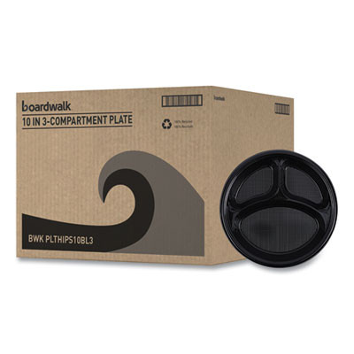Hi-Impact Plastic Dinnerware, 3-Compartment Plate, 10" Dia, Black, 125/Sleeve, 4 Sleeves/Carton