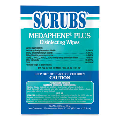 Medaphene Plus Disinfectant Wet Wipes, 1-Ply, 6 x 8, Citrus, White, Individual Foil Packets, 100/Carton