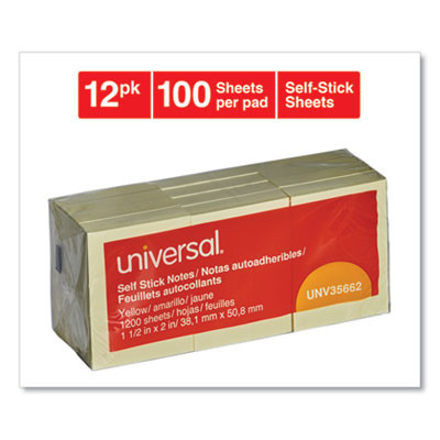 Self-Stick Note Pads, 1.5" x 2", Yellow, 100 Sheets/Pad, 12 Pads/Pack