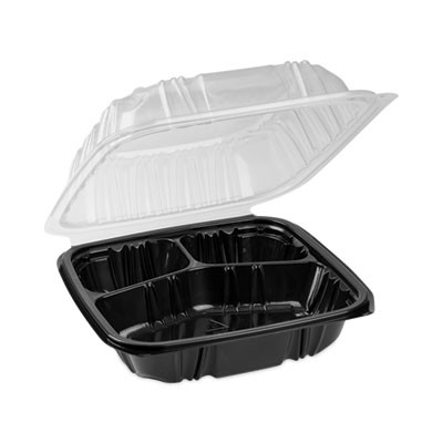 Earthchoice Vented Dual Color Microwavable Hinged Lid Container, 3 Compartments, 33 Oz, Black/Clear, Plastic, 150/Carton