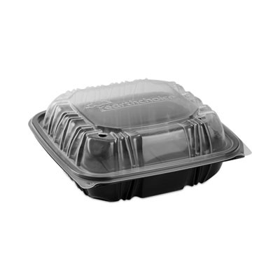 Earthchoice Vented Dual Color Microwavable Hinged Lid Container, 3 Compartments, 33 Oz, Black/Clear, Plastic, 150/Carton
