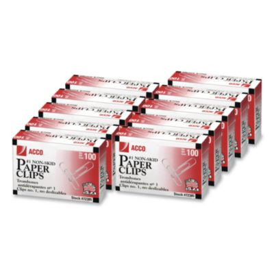 Paper Clips, #1, Nonskid, Silver, 100 Clips/Box, 10 Boxes/Pack