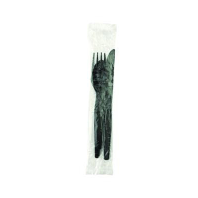 Individually Wrapped Heavyweight Cutlery Set, Fork/Knife/Spoon, Plastic, Black, 250/Carton