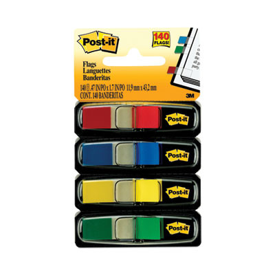 Small Page Flags In Dispensers, 0.5 x 1.75, Assorted Primary, 35/Color, 4 Dispensers/Pack