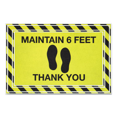 Social Distancing Message Mats, Black Printed Message: Maintain Six Feet - Thank You, 36" x 24", Yellow Surface