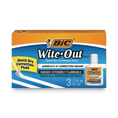 Wite-Out Quick Dry Correction Fluid, Foam Brush Tip Applicator, 0.68 Oz Bottle, White, 3/Pack