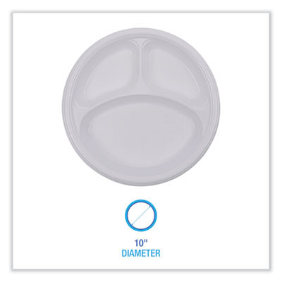 Hi-Impact Plastic Dinnerware, 3-Compartment Plate, 10" Dia, White, 500/Carton