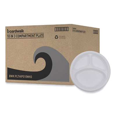 Hi-Impact Plastic Dinnerware, 3-Compartment Plate, 10" Dia, White, 500/Carton