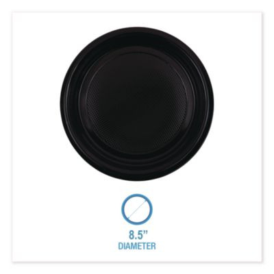 Hi-Impact Plastic Dinnerware, Plate, 9" Dia, Black, 500/Carton
