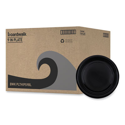 Hi-Impact Plastic Dinnerware, Plate, 9" Dia, Black, 500/Carton
