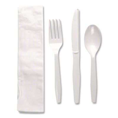 Individually Wrapped Mediumweight Polystyrene Cutlery, Fork/Knife/Teaspoon/Napkin, Plastic, White, 250/Carton