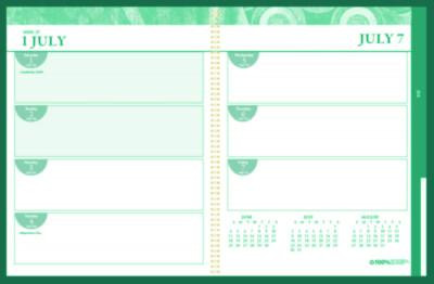 100% Recycled Monobright Monthly/Weekly Planner, 11 x 8.5, Green/Gold Cover, 12-Month (July To June): 2025 To 2026