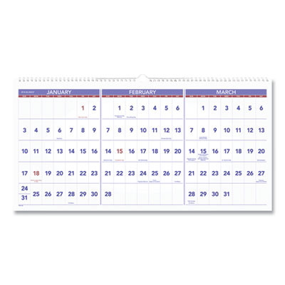 Deluxe Three-Month Reference Wall Calendar, Horizontal Orientation, 24 x 12, White Sheets, 15-Month: Dec 2025 To Feb 2027
