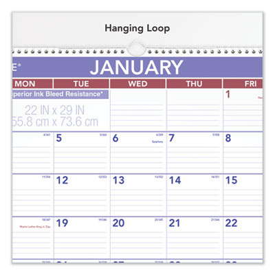 Two-Month Wall Calendar, 22 x 29, White/Blue/Red Sheets, 12-Month (Jan To Dec): 2026
