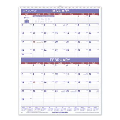 Two-Month Wall Calendar, 22 x 29, White/Blue/Red Sheets, 12-Month (Jan To Dec): 2026