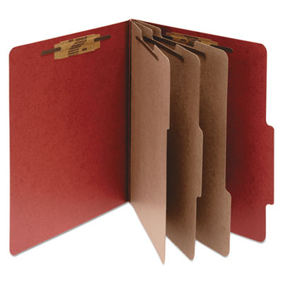 Pressboard Classification Folders, 2/5-Cut Tab, Expands 4", 3 Dividers, 8 Fasteners, Letter Size, Earth Red, 10/Box