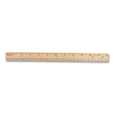 Three-Hole Punched Wood Ruler English And Metric With Metal Edge, 12" Long