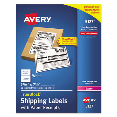 Shipping Labels With Paper Receipt And Trueblock Technology, Inkjet/Laser Printers, 5.06 X 7.63, White, 50/Pack