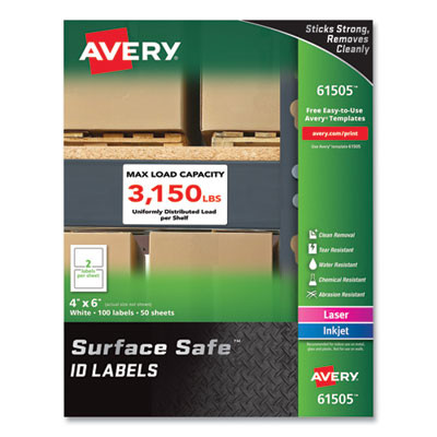 Surface Safe Id Labels, 4 x 6, White, 2/Sheet, 50 Sheets/Box