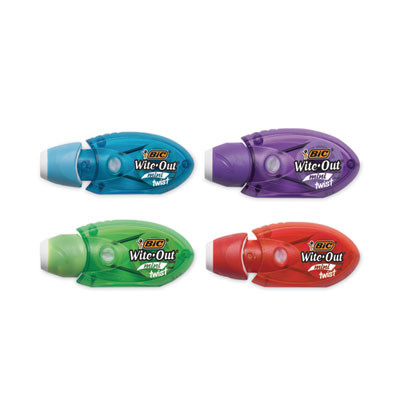 Wite-Out Brand Mini Twist Correction Tape, Non-Refillable, 0.2" x 26.17 Ft, White Tape, Assorted Dispenser Colors, 2/Pack
