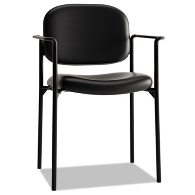 Vl616 Stacking Guest Chair With Arms, Bonded Leather Upholstery, 23.25" x 21" x 32.75", Black Seat, Black Back, Black Base