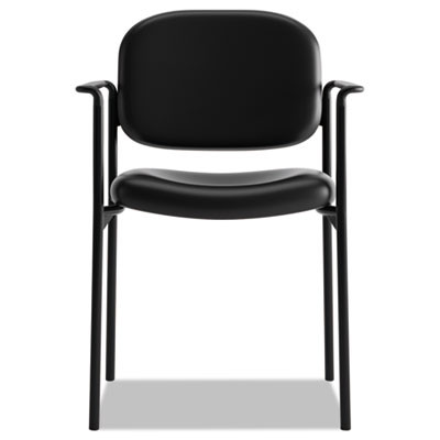 Vl616 Stacking Guest Chair With Arms, Bonded Leather Upholstery, 23.25" x 21" x 32.75", Black Seat, Black Back, Black Base