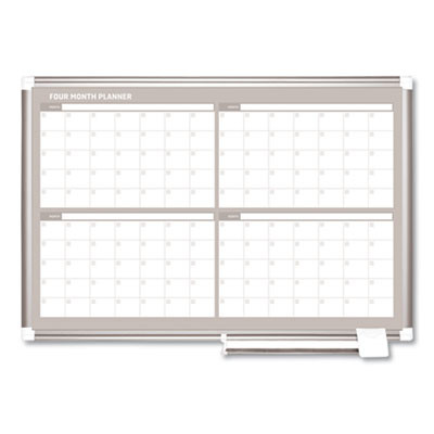 Magnetic Dry Erase Calendar Board, Four-Month Planning/Scheduling, 36" x 24", White Surface, Satin Aluminum Frame