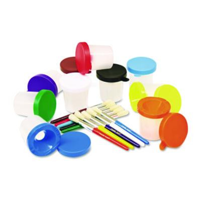 No-Spill Cups And Coordinating Brushes, Assorted Color Lids/Clear Cups, 10/Set
