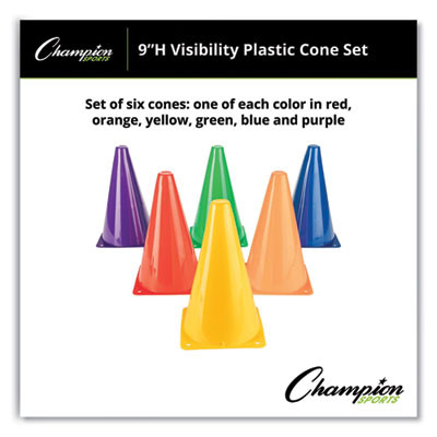 High-Visibility Plastic Cones, 9" Tall, Assorted Colors, 5" x 5" Base, 6/Set