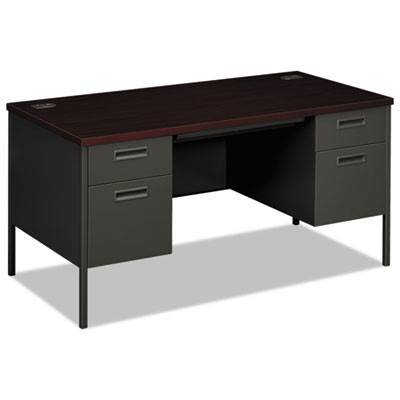 Metro Classic Series Double Pedestal Desk, Flush Panel, 60" X 30" X 29.5", Mahogany/Charcoal