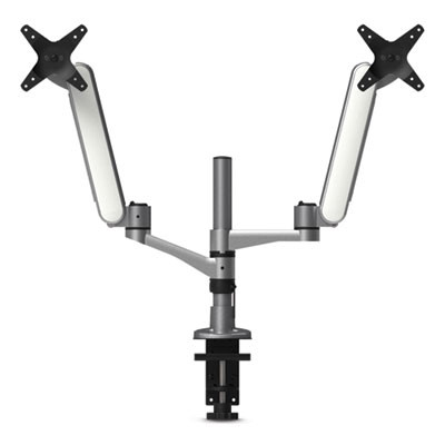 Multi-Directional Dual Monitor Arm, For 30" Monitors, 360 Deg Rotation, 105 Deg Tilt, 360 Deg Pan, Silver/Wh, Supports 20 Lbs