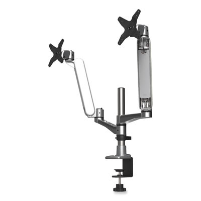 Multi-Directional Dual Monitor Arm, For 30" Monitors, 360 Deg Rotation, 105 Deg Tilt, 360 Deg Pan, Silver/Wh, Supports 20 Lbs