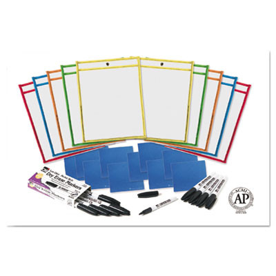 Dry Erase Pocket Class Pack, Heavy-Duty, Side Load 9 x 12 Insert, Clear Front, Assorted Border Colors, 10/Pack
