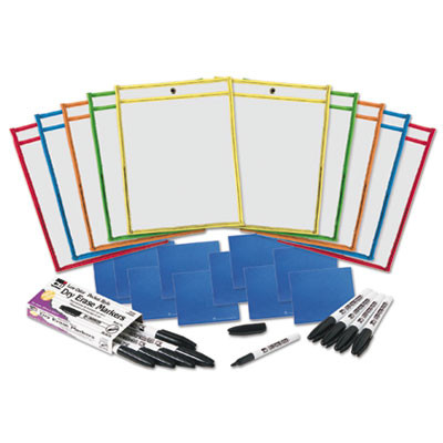 Dry Erase Pocket Class Pack, Heavy-Duty, Side Load 9 x 12 Insert, Clear Front, Assorted Border Colors, 10/Pack