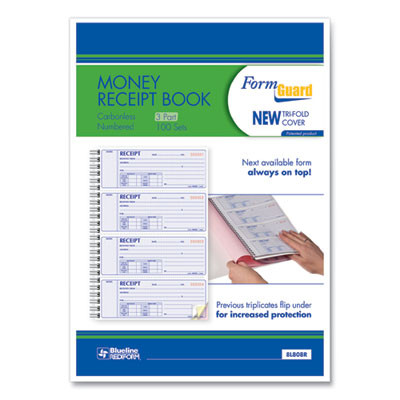 Money Receipt Book, Formguard Cover, Three-Part Carbonless, 7 x 2.75, 4 Forms/Sheet, 100 Forms Total