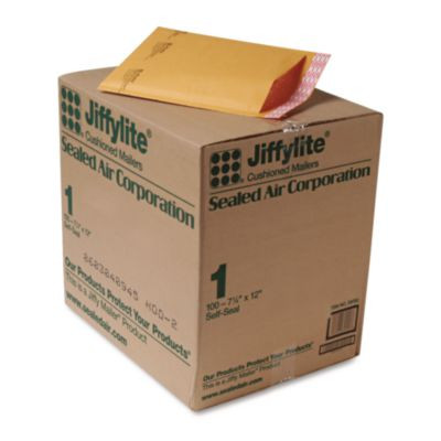 Jiffylite Self-Seal Bubble Mailer, #1, Barrier Bubble Air Cell Cushion, Self-Adhesive Closure, 7.25 x 12, Brown Kraft, 100/Ct