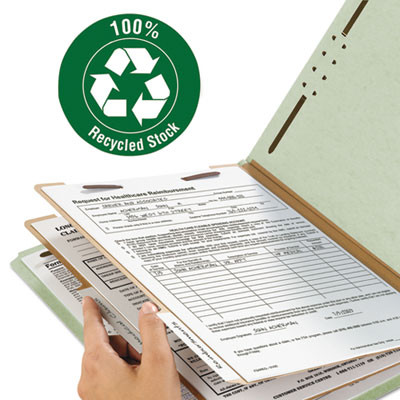 Recycled Pressboard Classification Folders, 2/5-Cut Tab, Expands2", 2 Dividers, 6 Fasteners, Legal Size, Gray-Green, 10/Box