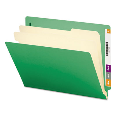 Colored End Tab Classification Folders, Straight Tab, Expands 2", 2 Dividers, 6 Fasteners, Letter Size, Green, 10/Box