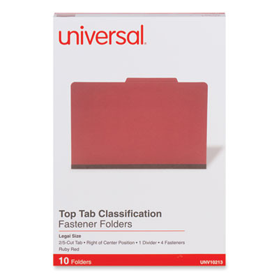 Pressboard Classification Folders, 2/5-Cut Tab, Expands 2", 1 Divider, 4 Fasteners, Legal Size, Ruby Red, 10/Box