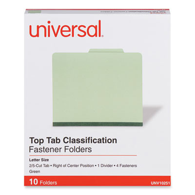 Pressboard Classification Folders, 2/5 Tab: Right Of Center, Expands 2", 1 Divider, 4 Fasteners, Letter Size, Green, 10/Box