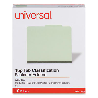 Pressboard Classification Folders, 2/5 Tab: Right Of Center, Expands 3", 3 Dividers, 8 Fasteners, Letter Size, Green, 10/Box