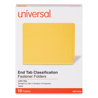 Deluxe Pressboard End Tab Classification Folders, Expands 2", 2 Dividers, 6 Fasteners, Letter Size, Yellow, 10/Box