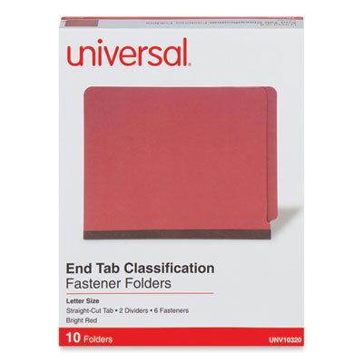 Deluxe Pressboard End Tab Classification Folders, Expands 2", 2 Dividers, 6 Fasteners, Letter Size, Bright Red, 10/Box
