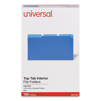 Interior File Folders, 1/3-Cut Tabs: Assorted, Legal Size, 11-Pt Stock, Blue, 100/Box