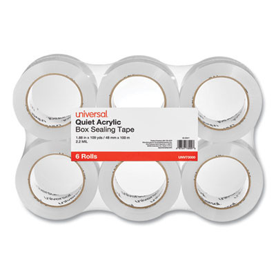 Quiet Tape Box Sealing Tape, 3" Core, 1.88" x 109 Yds, Clear, 6/Pack