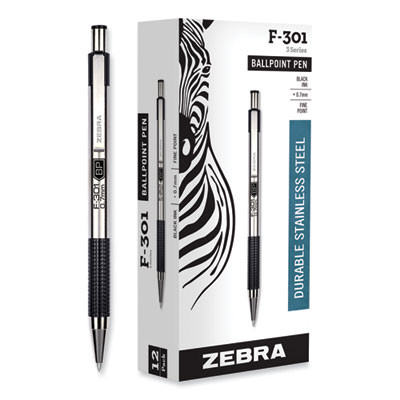 F-301 Ballpoint Pen, Retractable, Fine 0.7 Mm, Black Ink, Stainless Steel/Black Barrel, Dozen